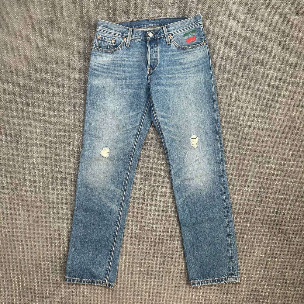 Levi's 501 Original Fit Jeans Unisex 31x27 Blue Cherry Embroidery Distressed